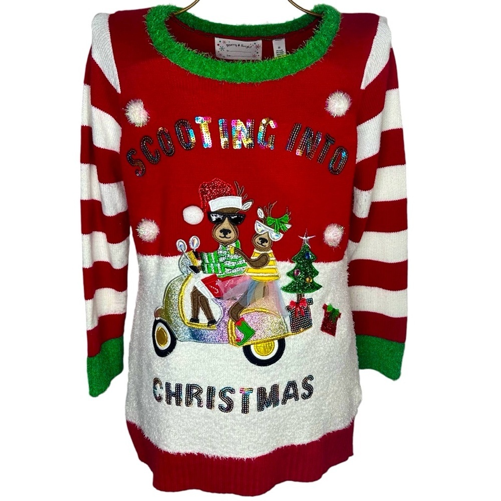 Merry & Bright Scooting Into Christmas Ugly Christmas Sweater Size Medium